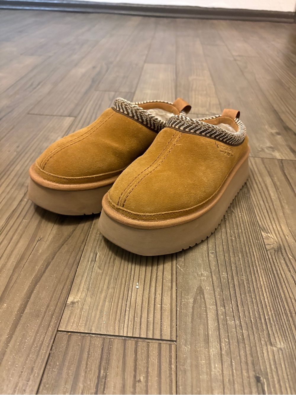 Koolaburra by UGG Tan Suede Platform Clog Mules with Patterned Trim